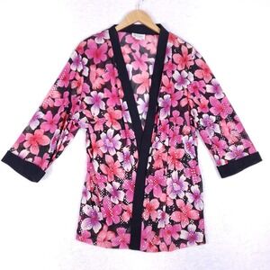 K Woman Floral Sheer Kimono Jacket 20W Black Pink Vintage Made In USA